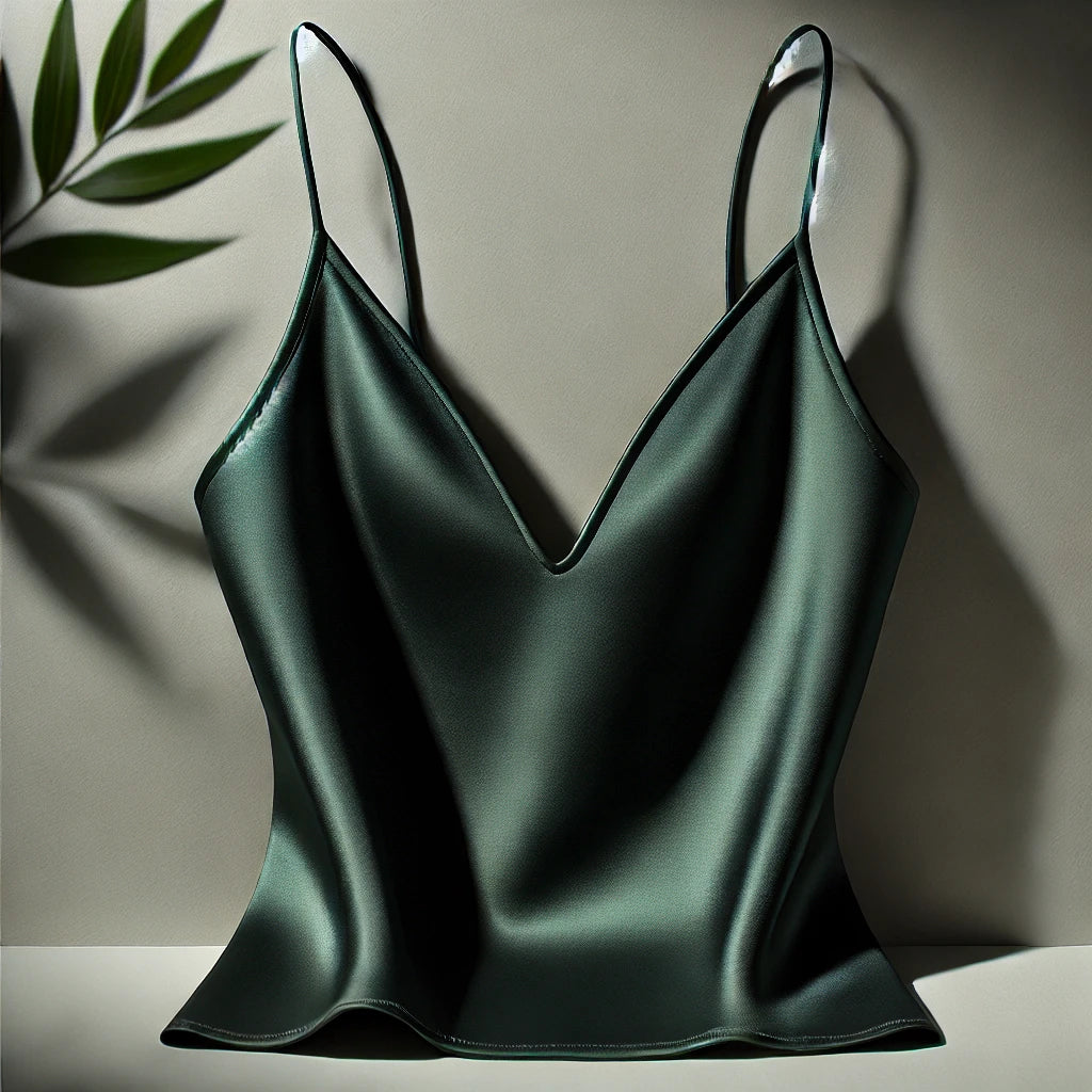 Silk V-Neck Cami Top - Dark Green